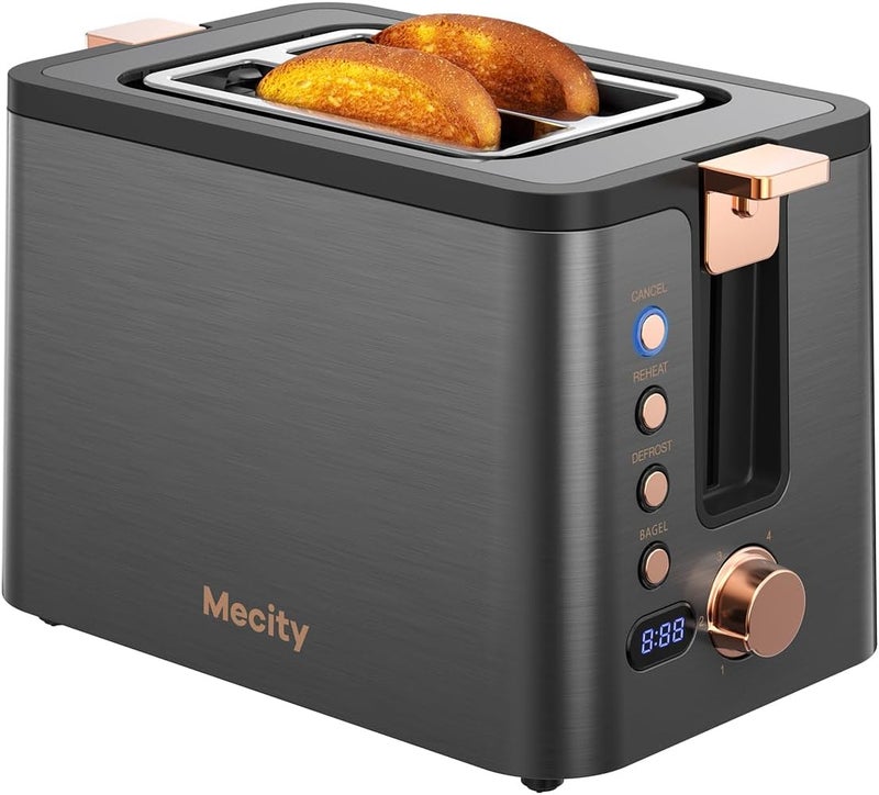 Mecity Toaster 2 Slice Stainless Steel Body Timer, Bagel/Defrost/Reheat/Cancel Functions,Warming Rack, Removable Tray, 6 Browning Settings, Extra Wide Slots, Bread Toaster, 120V 800W Grey - Image 1